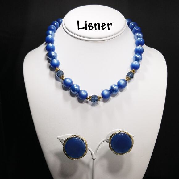 Lisner Blue Moonglow Lucite Necklace Clip On Earrings Set 1950s Vintage Jewelry - Picture 1 of 10